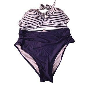 Striped Halter Bikini High Waisted Navy Blue Two Piece Swimsuit Plus Size 18W